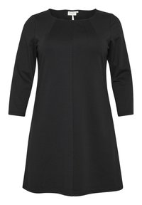 Robe noire en A en tissu doux, avec un col rond, des manches trois-quarts et un détail de plis à l'avant au niveau de la poitrine.