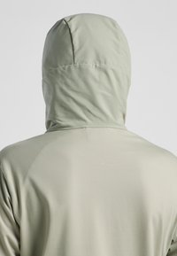 Helle grüne Kapuzenjacke mit glatter Textur und figurbetontem Design. Der Stoff zeigt einen leichten Glanz, hat einen minimalistischen Stil und keine sichtbaren Logos.