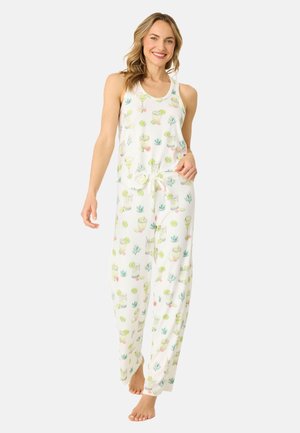Lichte, witte pyjam set met een tanktop en broek, voorzien van een print van cocktails en planten in groene en roze tinten. Met een trekkoord in de taille.