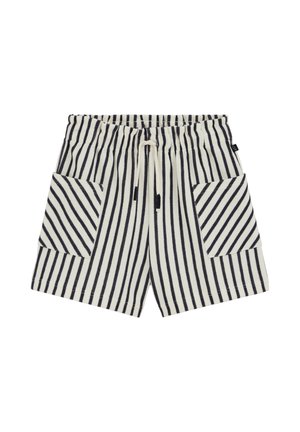 Czarno-białe pionowo prążkowane dzianinowe szorty z elastycznym pasem, sznurkiem do regulacji oraz dużymi przednimi kieszeniami z ukośnymi prążkami.