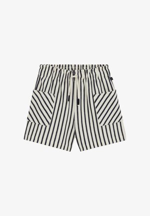 Pantaloncini a righe verticali bianche e nere in maglia con vita elastica, coulisse e grandi tasche frontali con righe diagonali.
