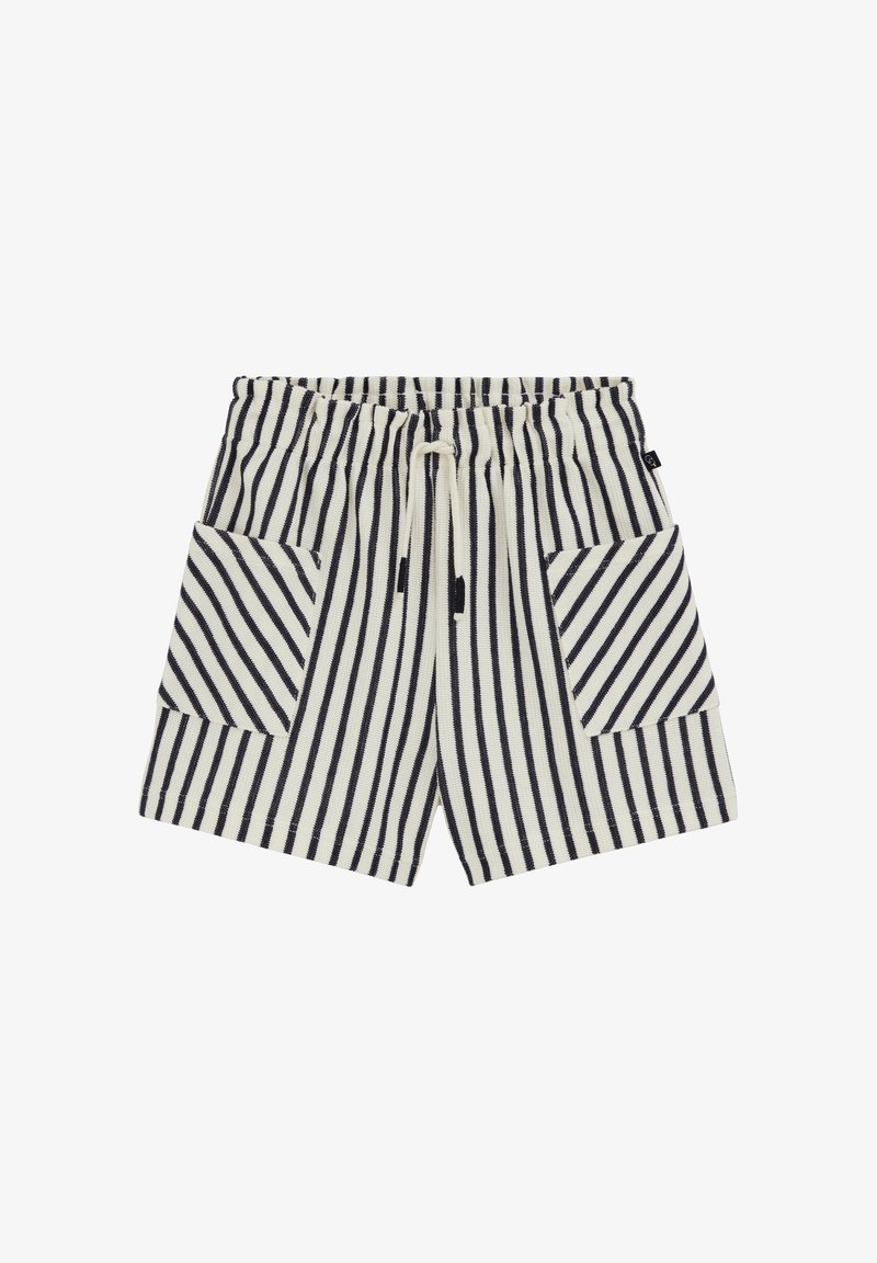 Schwarz-weiße, vertikal gestreifte Strickshorts mit elastischem Bund, Kordelzug und großen Fronttaschen mit diagonalen Streifen.