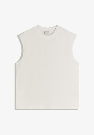 Ärmelloses weißes Baumwolltop mit rundem Ausschnitt und leicht gepolsterten Schultern, flach auf einem weißen Hintergrund liegend.