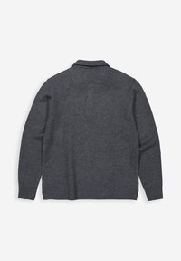 Dunkelgrauer Wollmischung Cardigan mit Reverskragen, langen Ärmeln und glatter Textur. Er verfügt über ein minimalistisches Design und keine sichtbaren Beschläge.