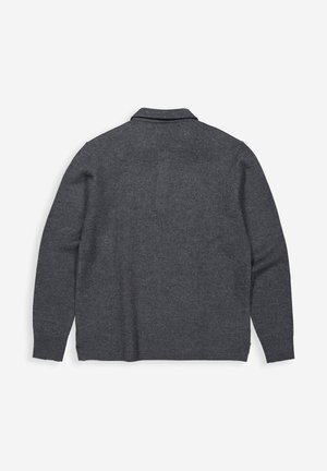 Dunkelgrauer Wollmischung Cardigan mit Reverskragen, langen Ärmeln und glatter Textur. Er verfügt über ein minimalistisches Design und keine sichtbaren Beschläge.