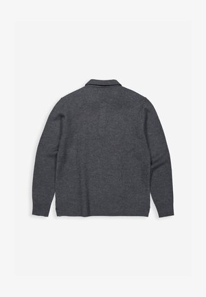 Dunkelgrauer Wollmischung Cardigan mit Reverskragen, langen Ärmeln und glatter Textur. Er verfügt über ein minimalistisches Design und keine sichtbaren Beschläge.