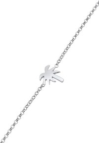 Silberne Kettenarmband mit einem Palmbaum-Anhänger. Der Anhänger ist poliert und hat fünf längliche Blätter, die an eine einfache Gliederkette befestigt sind.