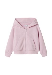 Helle rosa Zip-Hoodie mit großer Kapuze, zwei Fronttaschen, gerippter Textur sowie elastischen Bündchen und Saum.