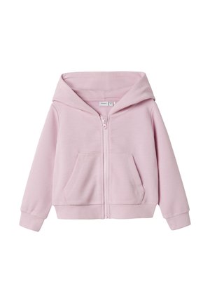 Helle rosa Zip-Hoodie mit großer Kapuze, zwei Fronttaschen, gerippter Textur sowie elastischen Bündchen und Saum.