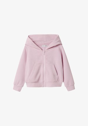 Helle rosa Zip-Hoodie mit großer Kapuze, zwei Fronttaschen, gerippter Textur sowie elastischen Bündchen und Saum.