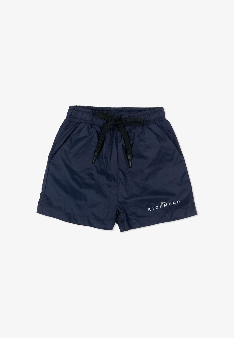 Shorts de bain bleu marine avec taille élastique, cordon noir, poches latérales et logo "John Richmond" sur la jambe gauche.