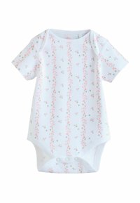 Balti trumpomis rankovėmis bodis su gėlių raštu, rožinėmis gėlėmis ant vertikalių linijų; minkšta medvilnė, apačioje su spaudėmis.