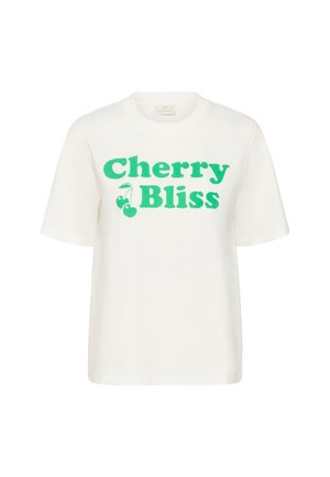 Balta trumpomis rankovėmis marškinėliai su žaliomis užrašais „Cherry Bliss“ ir maža vyšnios grafika po žodžiu „Cherry“.