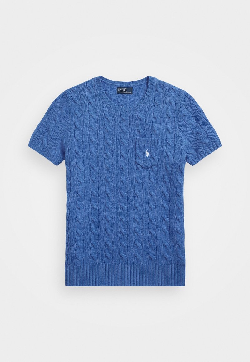 Pull bleu en maille torsadée à manches courtes avec petite poche avant arborant un logo blanc brodé.