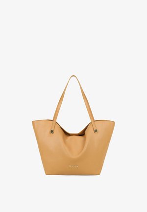 Borsa a tracolla in pelle color cuoio con due spalline e un leggero arricciamento centrale, marchiata "braccialini" nella parte inferiore frontale.