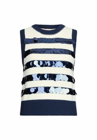 Haut sans manches en maille bleu marine et blanc avec des rayures horizontales et de grands sequins bleu marine brillants sur le devant.
