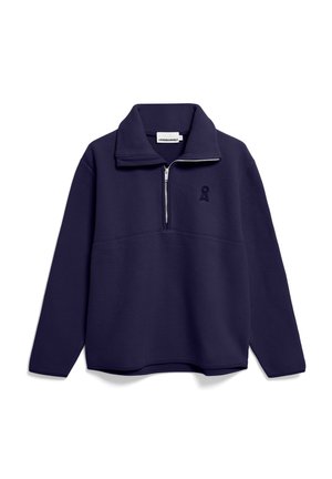 Navy blue fleece pullover with a zip collar, featuring a textured surface and a small logo on the chest. Designed with long sleeves.