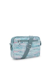 Borsa a spalla azzurro chiaro con motivo a foglie, dotata di tasca frontale con zip e tracolla regolabile. Realizzata in tessuto resistente.