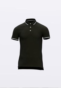 Sort poloshirt med hvidstripet krave og manchetter, korte ærmer, tre-knaps lukning, lavet af tekstureret stof, afslappet pasform.