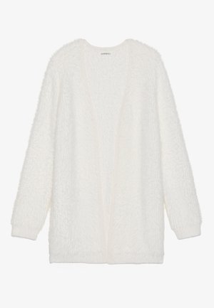 Cardigan alb, pufos, cu o textură în relief, cu deschidere în față și mâneci lungi. Prezintă un material moale și pufoasă pentru căldură și confort.