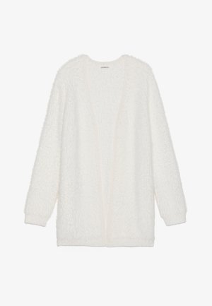 Witte, fluffy cardigan met een gestructureerde oppervlakte, open voorkant en lange mouwen. Heeft een zachte, pluizige stof voor warmte en comfort.