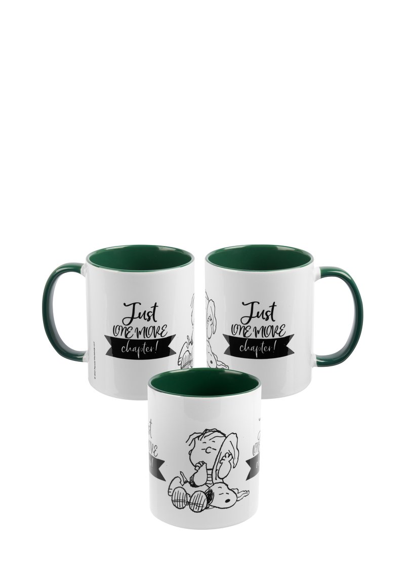 Tazze in ceramica con esterno bianco e interno verde. Presentano il testo "Solo un capitolo in più!" con illustrazioni di un cane e di un personaggio che legge.