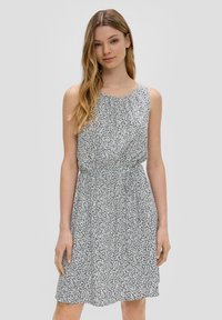 Ärmelloses Kleid mit Blumenmuster aus leichtem Stoff, ausgestattet mit einem runden Ausschnitt, gerafftem Bund und einer lockeren A-Linie-Silhouette.