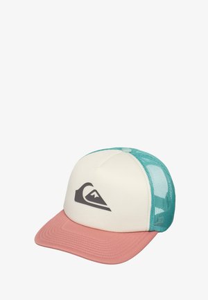 Tricolor truckerpet met witte voorkant, teal gekleurde mesh achterkant, roze gebogen klep en een zwart berggolflogo aan de voorkant.