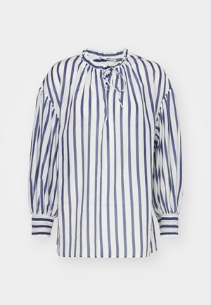 Gestreifte Bluse mit hohem Kragen, Bindedetail und langen Puffärmeln. Blau-weißes Material mit gerafften Akzenten an den Schultern und am Bund.