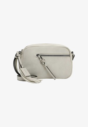 Torebka crossbody z miękkiej białej skóry, w zaokrąglonym prostokątnym kształcie, z zamknięciem na zamek błyskawiczny u góry, przednia kieszeń na zamek, odczepiany pasek z detalem w postaci frędzla.