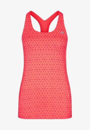 Jasnoróżowy top na ramiączkach racerback z geometrycznym wzorem kwiatów i trójkątów wykonanym cienkimi, ciemnymi liniami, z małym srebrnym logo na piersi.