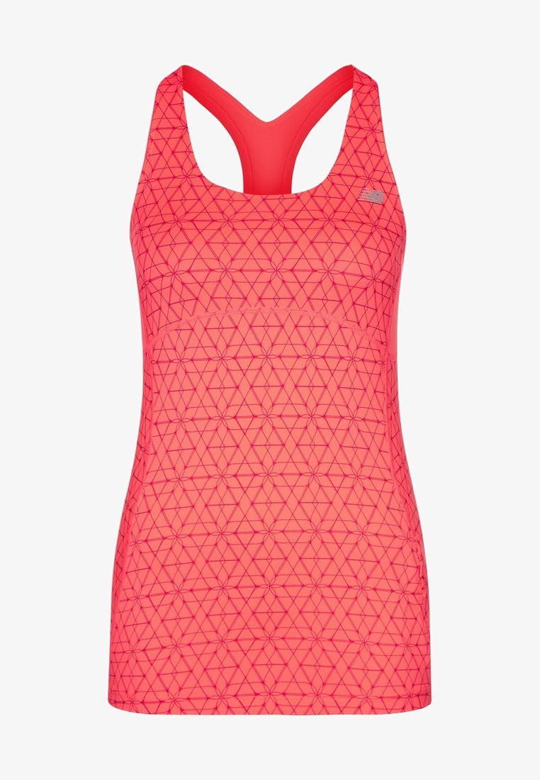 Débardeur dos nageur corail vif avec motif géométrique de fleurs et de triangles en fines lignes sombres, orné d'un petit logo argenté sur la poitrine.