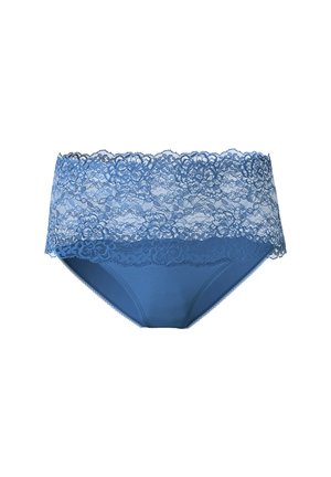 Slip di cotone blu con una ampia fascia in pizzo in vita. Presenta un motivo floreale in pizzo e una texture liscia, con delicati bordi a scallop.