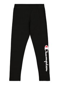 Leggings neri in misto cotone, con una vita elastica e un logo "Champion" bianco con accenti rossi e bianchi sulla gamba sinistra.