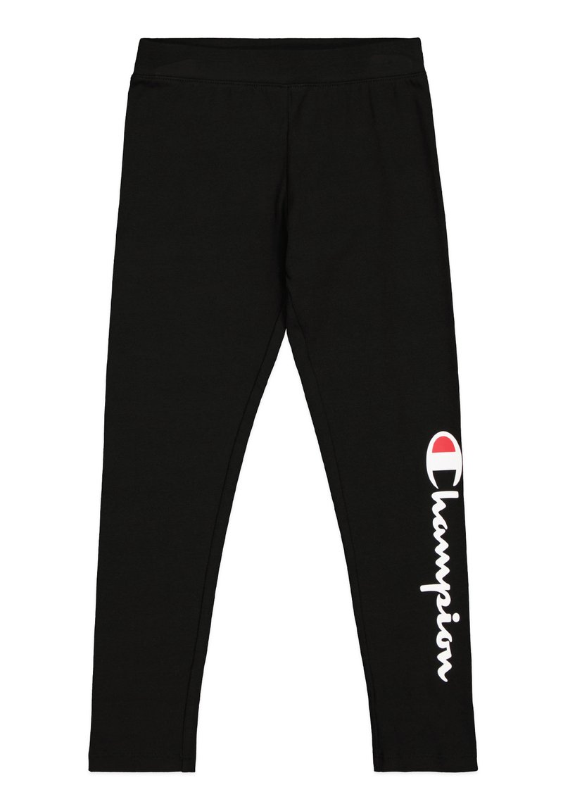 Leggings neri in misto cotone, con una vita elastica e un logo "Champion" bianco con accenti rossi e bianchi sulla gamba sinistra.