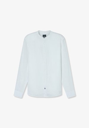 Weißes Langarmhemd mit rundem Kragen, vorderem Knopfverschluss und weichem Material. Verfügt über dezente Nähte und einen kleinen Akzent am Saum.