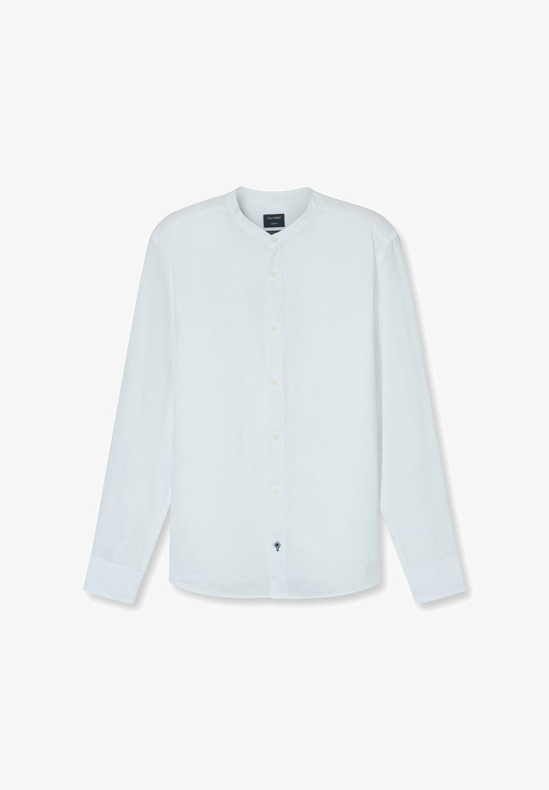 Weißes Langarmhemd mit rundem Kragen, vorderem Knopfverschluss und weichem Material. Verfügt über dezente Nähte und einen kleinen Akzent am Saum.