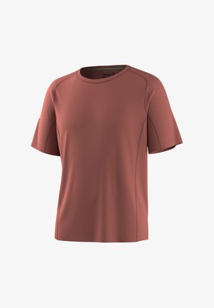 Lyhythihainen urheilupaita pyöreällä pääntiellä, hailakan ruosteenvärinen, näkyvillä saumoilla ja pienellä logolla vasemmassa hihassa.