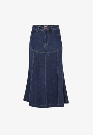 Sötétkék farmer A vonalú szoknya, közepes hosszúságú kialakítással. Elülső zsebekkel, gombzárral és kontrasztos varrási részletekkel rendelkezik.