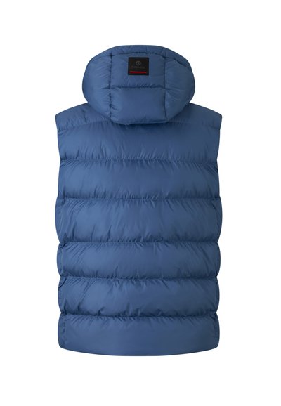 Blaues Steppwesten mit abnehmbarem Kapuze, ausgestattet mit einem gesteppten Design, glatter Textur und einem Logofähnchen am Nacken. Keine sichtbaren Reißverschlüsse oder Verschlüsse.