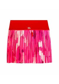 Rode geplooide mini-rok met een levendig roze tonale patroon, voorzien van een gladde tailleband en een lichte, vloeiende stoffen textuur.