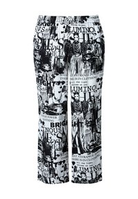 Zwart-witte gestreepte broek met elastische tailleband, voorzien van grafische tekst en afbeeldingen, rechte pijpen en een gladde textuur.