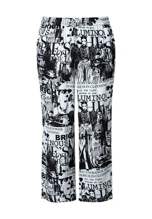 Sort-hvide mønstrede bukser med elastisk talje, prydet med grafisk tekst og billeder, lige ben-design og glat tekstur.