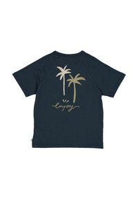 Námořnická modrá tričko s krátkým rukávem, s grafikou zlaté palmy a textem "užij si to". Měkká bavlněná tkanina, volný střih, s raglánovými rukávy.