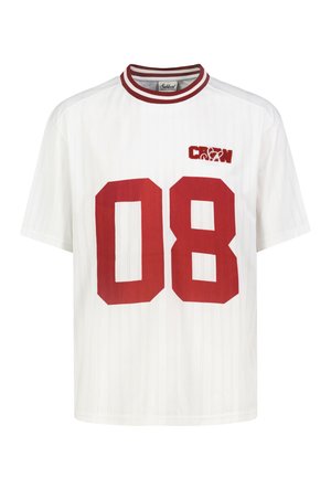 White short-sleeve shirt with thin vertical stripes, large red number 08 on front, red and white striped collar, and small red "CROWN" text above number.