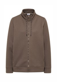 Giacca zip-up marrone con colletto alto, superficie texturizzata, tasche frontali e cordini; presenta una cerniera lucida per la chiusura.