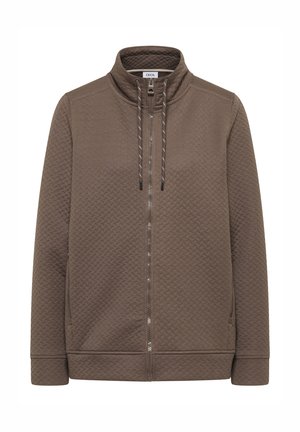Braune Zip-Jacke mit hohem Kragen, strukturiertem Oberflächenmaterial, vorderen Taschen und Kordelzügen; verfügt über einen glänzenden Reißverschluss zum Schließen.