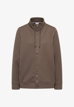 Brun zip-up jacka med hög krage, texturerad yta, framfickor och snören; har en glänsande dragkedja för stängning.