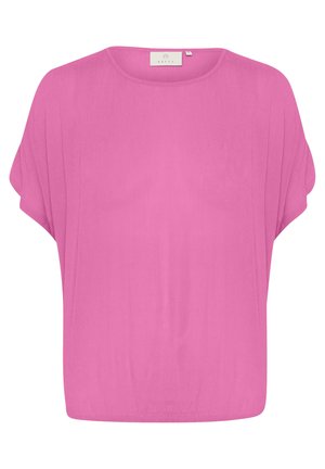Blusa rosa, holgada, con un escote redondo y mangas cortas. Textura suave y tejido ligero, ideal para uso casual.