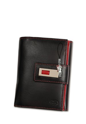 Black leather wallet with red stitching, rectangular shape, featuring a clasp with a red accent, silver hardware, and a decorative charm.